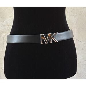 Michael Kors Black Leather Belt - Medium Tortoise MK Buckle, Capsule Wardrobe